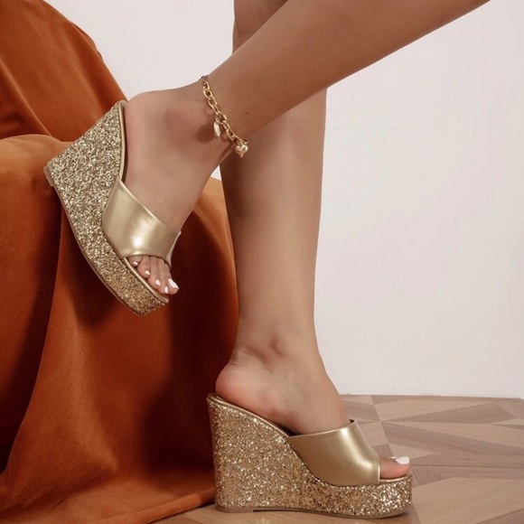 Women Gold Color Metallic Glitter Platform Shoes, Glamorous Open Toe Wedge